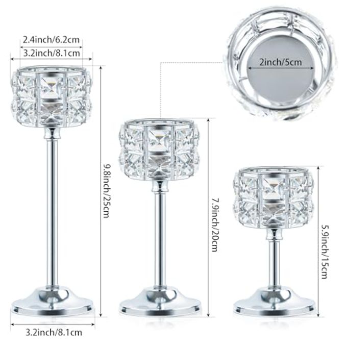 kehail Crystal Metal Candle Holder, Square Crystal Beads Bling Tea Light Candlestick, Tall Votive Candelabra Elegant Centerpiece for Table Wedding Decoration, Home Decor (Silver, Set of 3) - Image 3