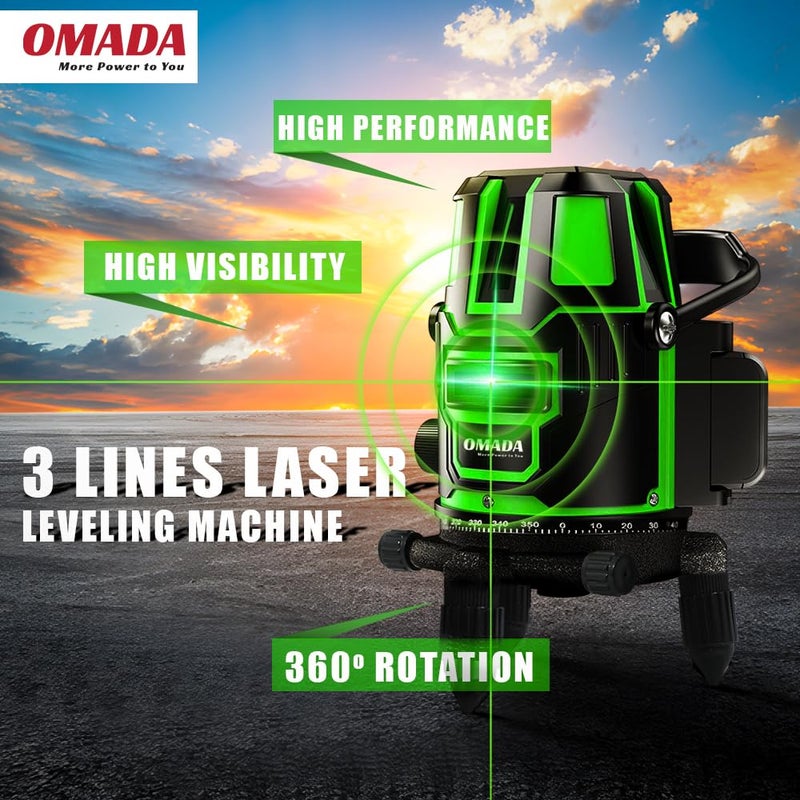 OMADA مستوى الليزر الأخضر المحترف 3 خطوط، 4x360° ليزر احترافي للبناء، جهاز تحكم عن بعد لمستوى الليزر العمودي/الأفقي مقاوم للغبار وماء | بطارية ليثيوم أيون | خدمة عملاء ممتازة - Image 2