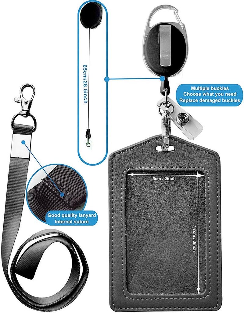 نالاندا حافظة بطاقات الهوية الجلدية مع نافذة شفافة وحزام رقبة قابل للفصل وبكرة شارة قابلة للسحب ومجموعة ملحقات بطاقات الهوية وشارات المكتب - أسود - Image 2