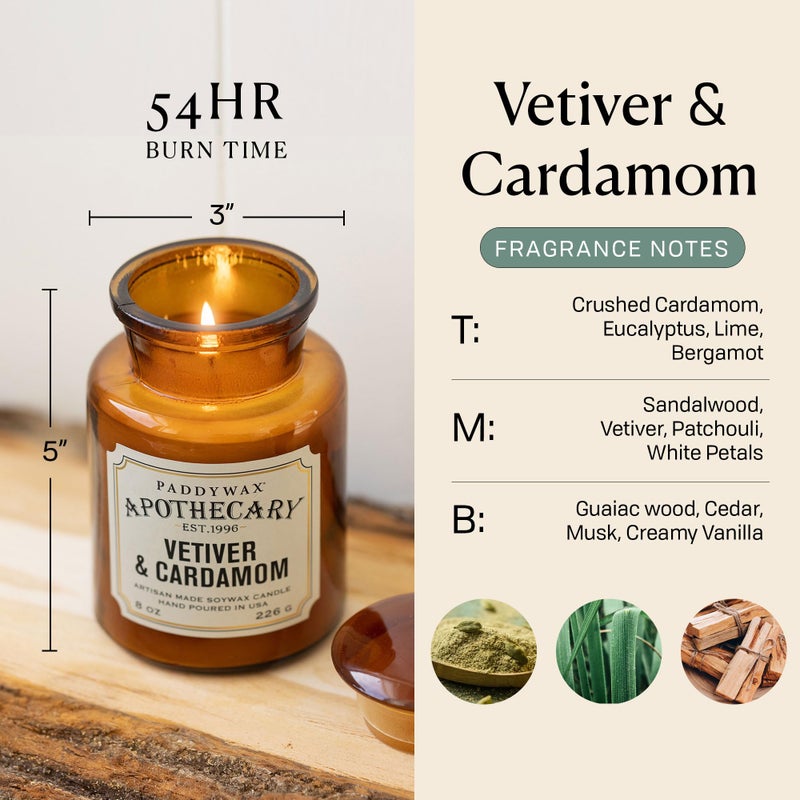 Paddywax Artisan Apothecary Scented Candle with Lid in Reusable Glass Jar, Clean-Burn Soy Candle with Approx. 54 Hour Burn Time, Vetiver & Cardamom, 8 oz. - Image 2