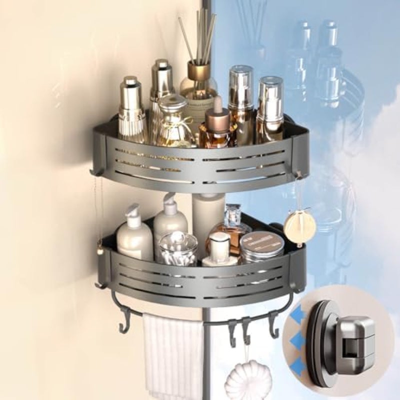 Onemake Corner Shower Caddy with Suction Cups, 2-Pack Removable Aluminum Wall Mounted Organizer Shelves Storage Rack with 2 Towel Bars 12 Portable Hooks, for Bathroom, Kitchen,Grey - Image 2