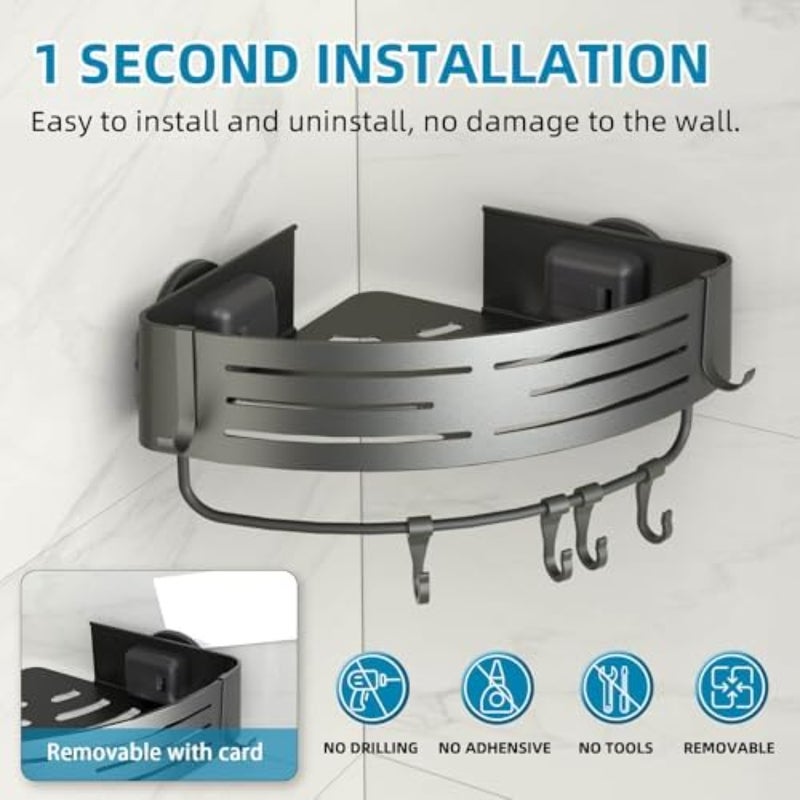 Onemake Corner Shower Caddy with Suction Cups, 2-Pack Removable Aluminum Wall Mounted Organizer Shelves Storage Rack with 2 Towel Bars 12 Portable Hooks, for Bathroom, Kitchen,Grey - Image 3