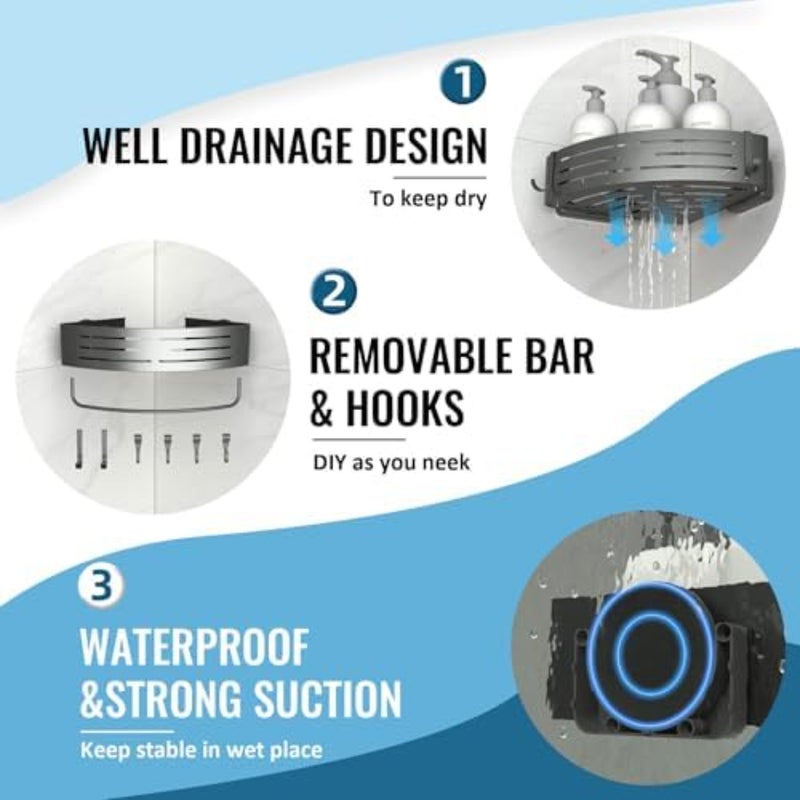 Onemake Corner Shower Caddy with Suction Cups, 2-Pack Removable Aluminum Wall Mounted Organizer Shelves Storage Rack with 2 Towel Bars 12 Portable Hooks, for Bathroom, Kitchen,Grey - Image 5