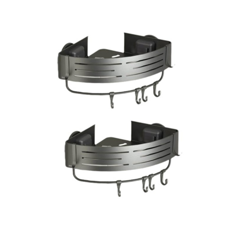 Onemake Corner Shower Caddy with Suction Cups, 2-Pack Removable Aluminum Wall Mounted Organizer Shelves Storage Rack with 2 Towel Bars 12 Portable Hooks, for Bathroom, Kitchen,Grey - Image 1