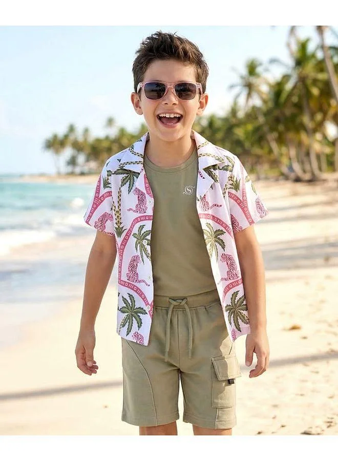 Ollington St. Ollington St. Cotton Knit Half Sleeves Printed Shirt With Inner Tee & Shorts Co-ords Set - Green