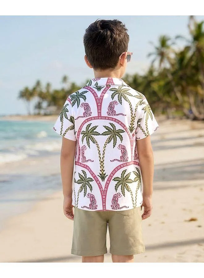 Ollington St. Ollington St. Cotton Knit Half Sleeves Printed Shirt With Inner Tee & Shorts Co-ords Set - Green