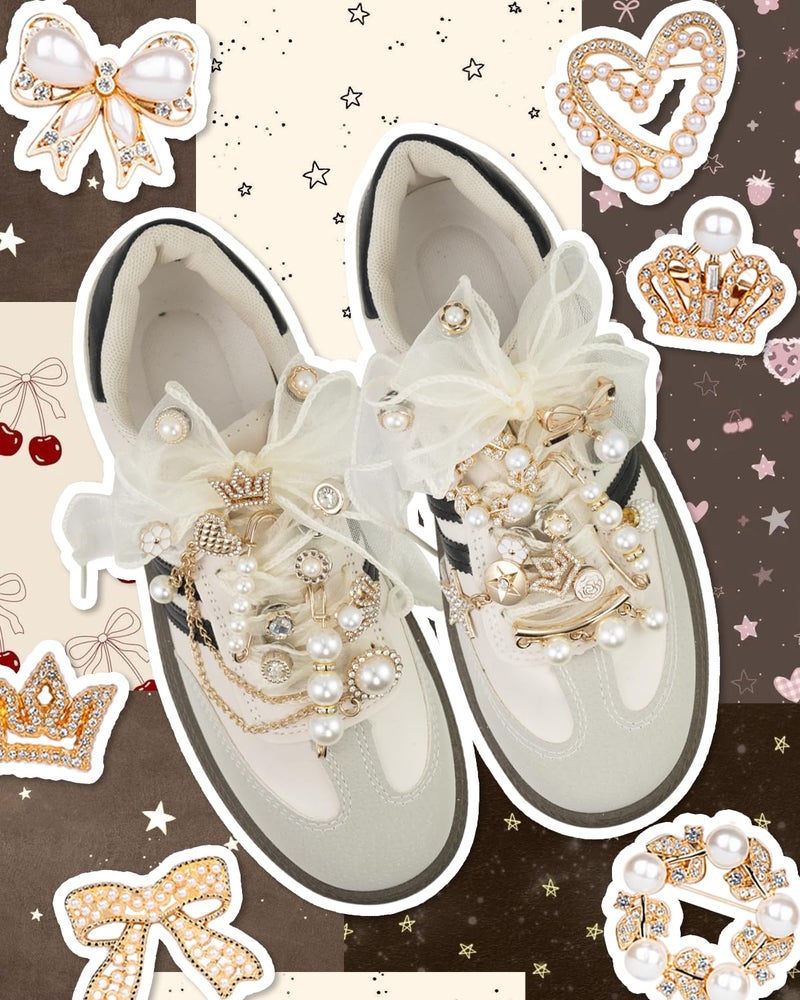 DoDoBeads 68 Pcs Shoe Charms for Sneakers, Elegant Sneaker Charms Kit with Pearls, Crowns, Ribbons & Satin/Lace Shoelaces, Sock Charm for Women, DIY Shoe Lace Decorations - Image 4