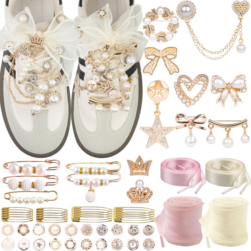 DoDoBeads 68 Pcs Shoe Charms for Sneakers, Elegant Sneaker Charms Kit with Pearls, Crowns, Ribbons & Satin/Lace Shoelaces, Sock Charm for Women, DIY Shoe Lace Decorations - Image 1
