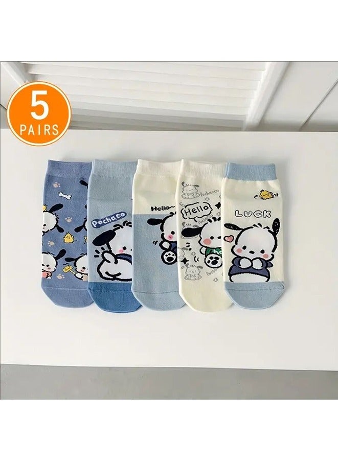 5 قطع جورب قصير سانريو بوشاكو كرتوني للنساء - ناعم، مريح، مزيج قطن، جورب قارب منخفض القص، - Image 1