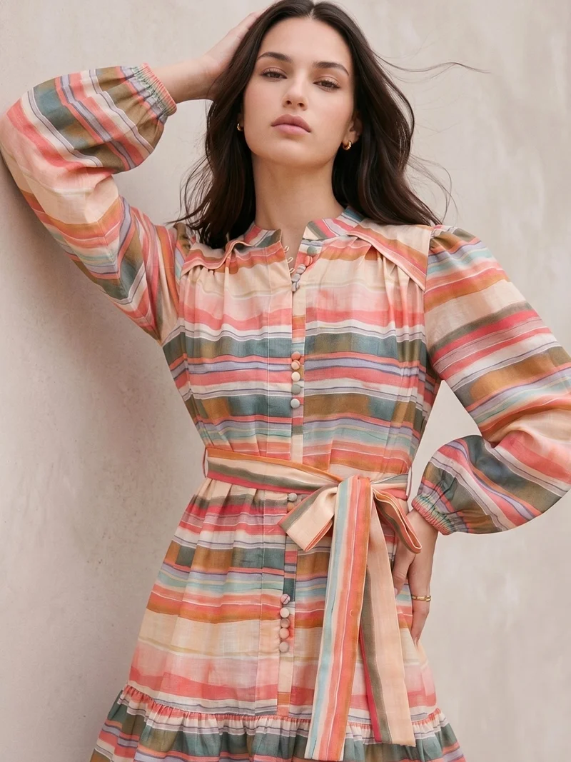 Outzidr multi-colored pastel stripes Pink Knee Length Printed Dress With Embellished Buttons Details for Women | Best Price UAE