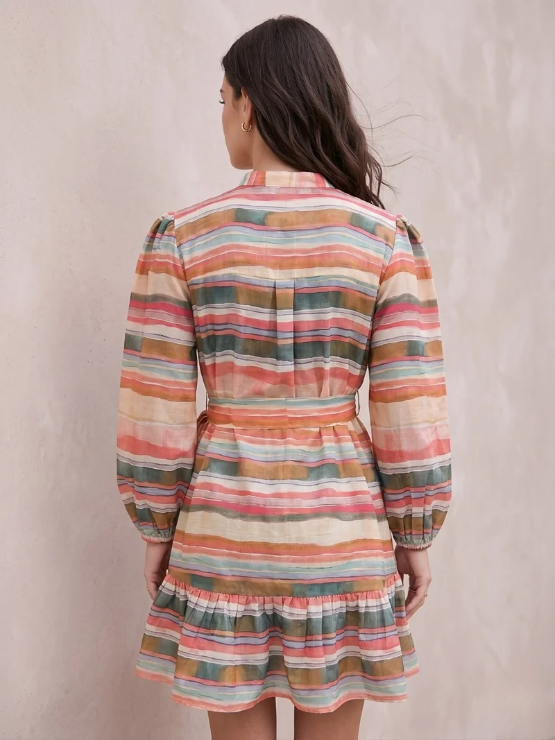 Outzidr multi-colored pastel stripes Pink Knee Length Printed Dress With Embellished Buttons Details for Women | Best Price UAE