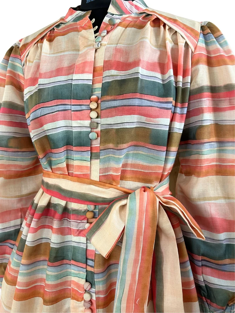 Outzidr multi-colored pastel stripes Pink Knee Length Printed Dress With Embellished Buttons Details for Women | Best Price UAE