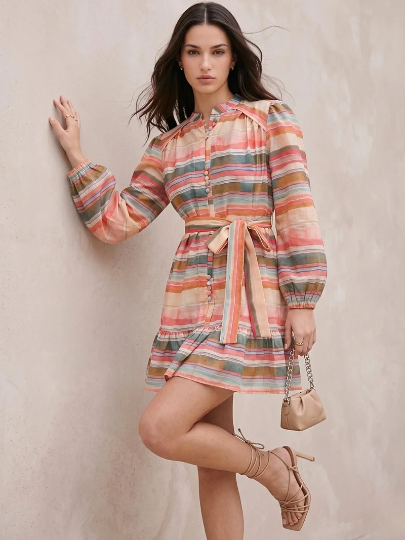 Outzidr multi-colored pastel stripes Pink Knee Length Printed Dress With Embellished Buttons Details for Women | Best Price UAE