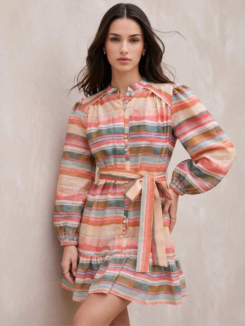 أوجيدر Pink Knee Length Printed Dress With Embellished Buttons Details