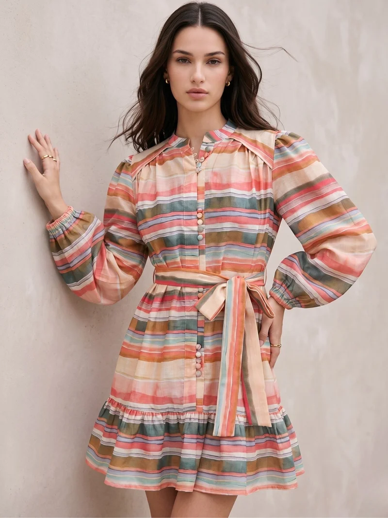 أوجيدر Pink Knee Length Printed Dress With Embellished Buttons Details