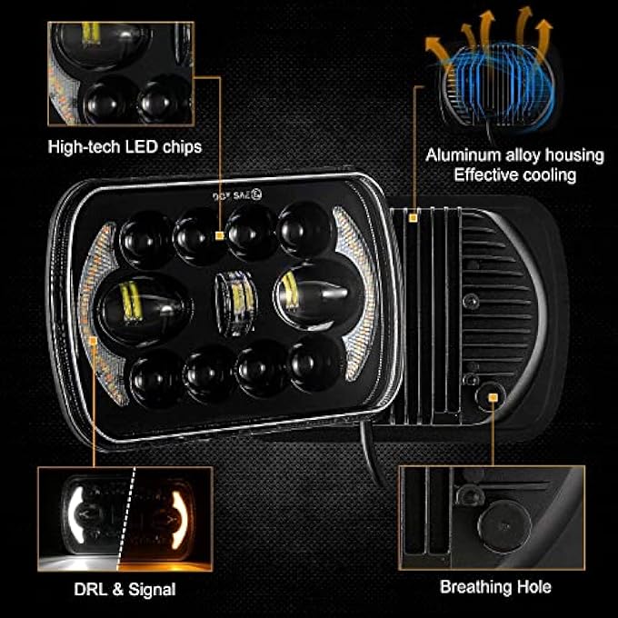 ريحني مصابيح أمامية ليد 5×7 7×6 مع كشاف نهاري 170 وات مستطيلة الشكل مع شعاع عالي ومنخفض H6054 5054 مصباح أمامي محكم الغلق لسيارة جيب رانجلر Yj شيروكي Xj H5054 H6054Ll 6052 6053 قطعتين باللون الأسود - Image 4