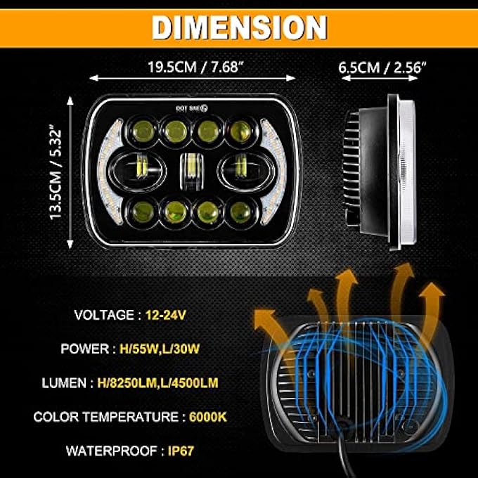 ريحني مصابيح أمامية ليد 5×7 7×6 مع كشاف نهاري 170 وات مستطيلة الشكل مع شعاع عالي ومنخفض H6054 5054 مصباح أمامي محكم الغلق لسيارة جيب رانجلر Yj شيروكي Xj H5054 H6054Ll 6052 6053 قطعتين باللون الأسود - Image 3