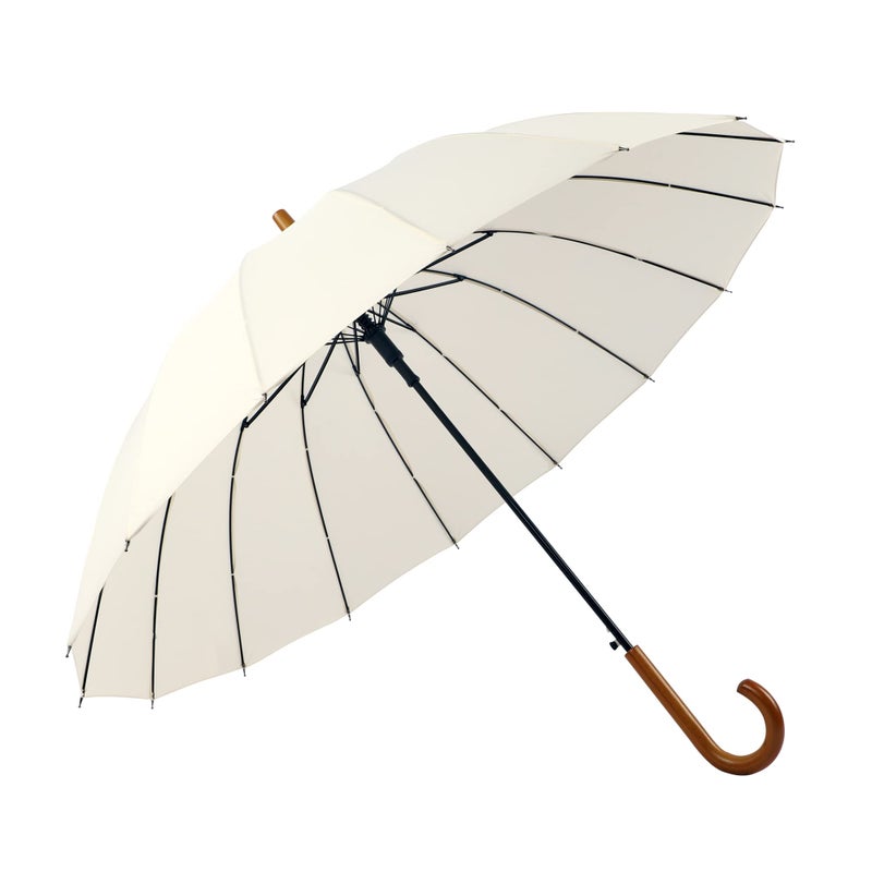 SoulRain 16 Ribs 48" Stick Umbrella Auto Open Solid Color Fashionable and Simpleï¼ŒArc Classic Wood Handleï¼ŒWindproof Unbreakable Stick Rain Umbrella (Cream)â€¦ - Image 5