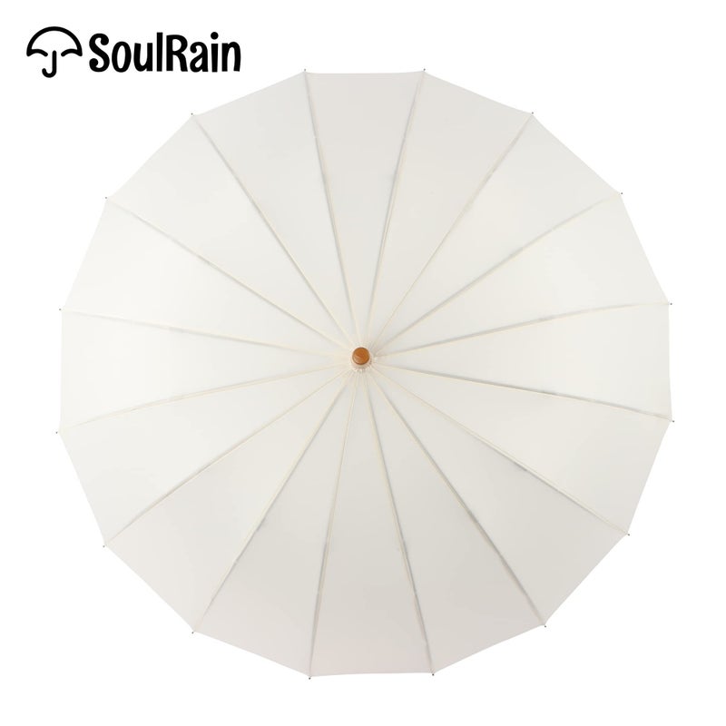 SoulRain 16 Ribs 48" Stick Umbrella Auto Open Solid Color Fashionable and Simpleï¼ŒArc Classic Wood Handleï¼ŒWindproof Unbreakable Stick Rain Umbrella (Cream)â€¦ - Image 2