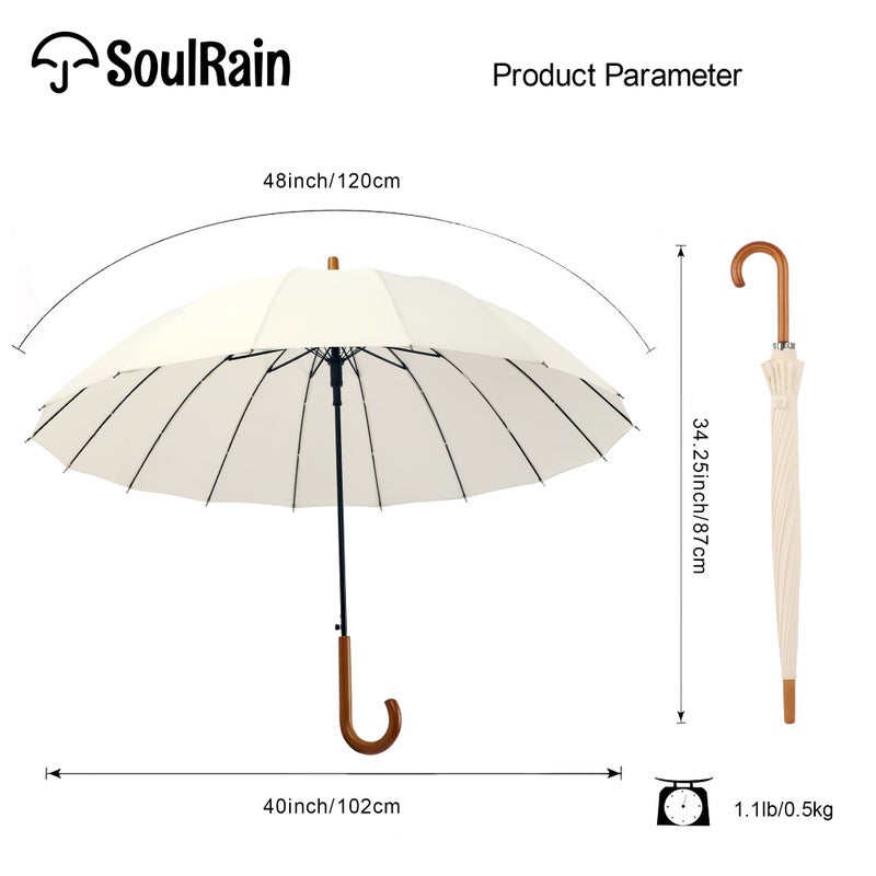 SoulRain 16 Ribs 48" Stick Umbrella Auto Open Solid Color Fashionable and Simpleï¼ŒArc Classic Wood Handleï¼ŒWindproof Unbreakable Stick Rain Umbrella (Cream)â€¦ - Image 4