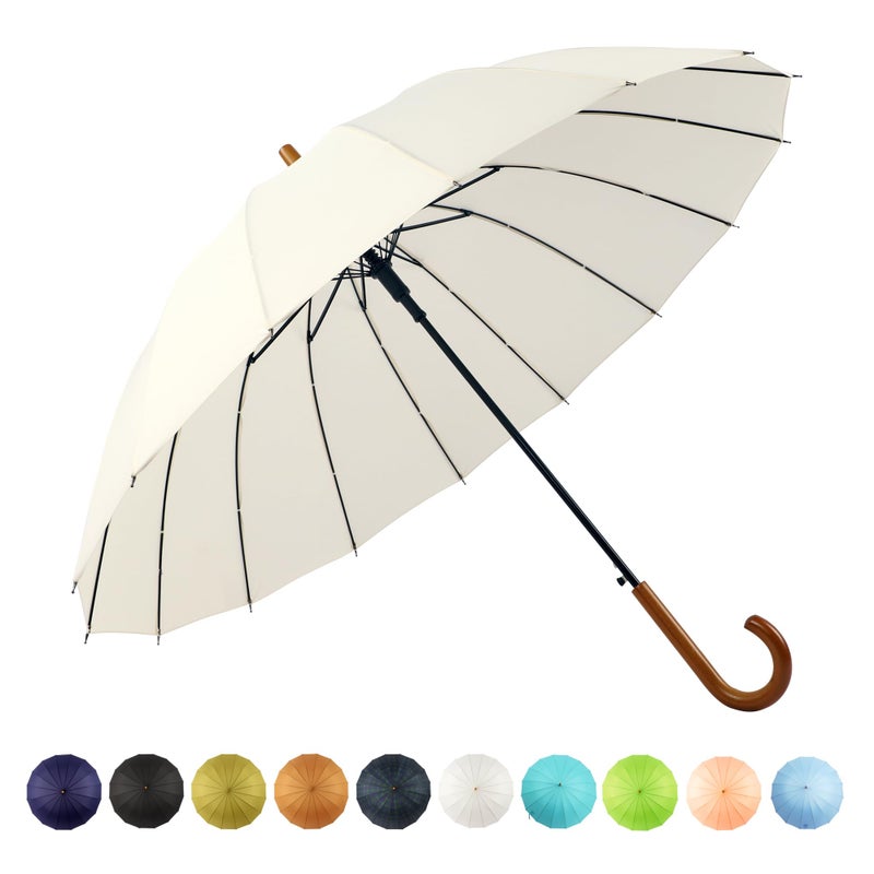 SoulRain 16 Ribs 48" Stick Umbrella Auto Open Solid Color Fashionable and Simpleï¼ŒArc Classic Wood Handleï¼ŒWindproof Unbreakable Stick Rain Umbrella (Cream)â€¦ - Image 1