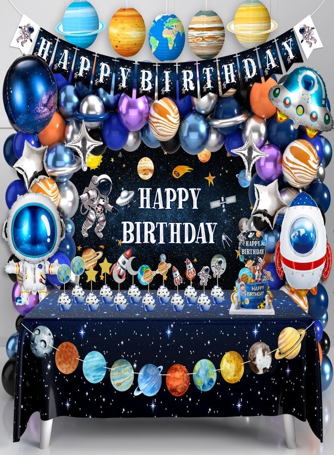 BORAMDO Outer Space Birthday Party Decorations Space Themed Party Supplies Planet Banner Backdrop Cake Topper Solar System Paper Lantern Galaxy Tablecloth Balloon Garland Kit for Space Astronaut Party Decor - Image 1
