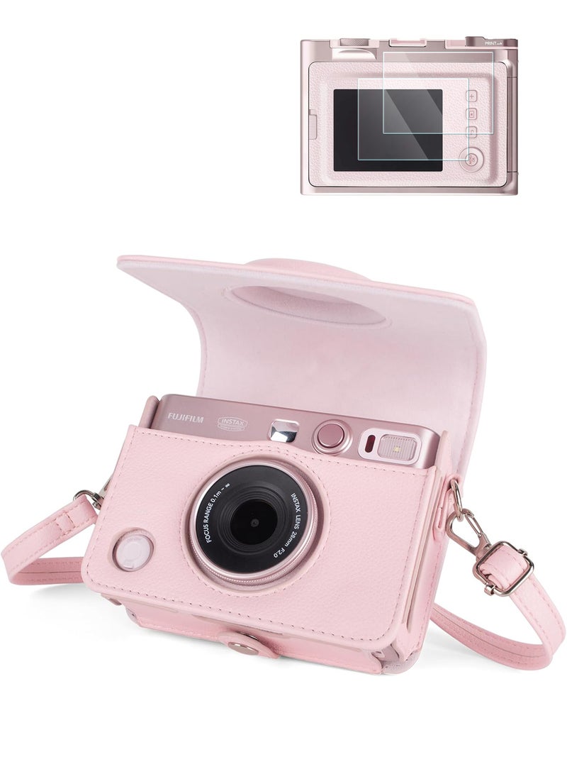 SJet Protective Case for Instax Mini EVO, Instant Camera-Lychee Texture Premium PU Leather Case with 9H Screen Protector, Adjustable Shoulder Strap (Pink) - Image 1