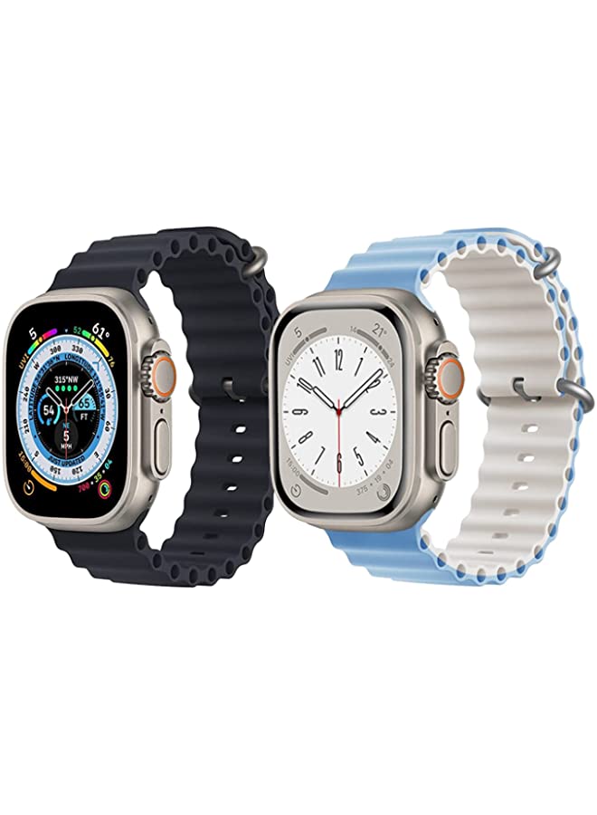 IAF Silicone Ocean Band Strap for Apple Watch Ultra 8 49mm Black Single Color Strap with Sky Blue/White Double Side Strap Set of 2