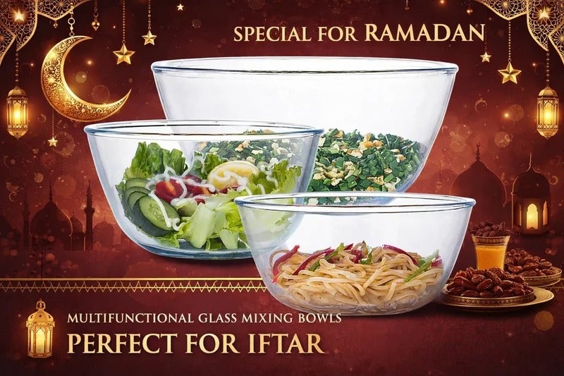 Glass Mixing Bowl Set of 3 for Ramadan Cooking & Baking, Borosilicate Glass Bowls for Iftar & Suhoor Meal Prep, Stackable, Microwave Safe, Non-Toxic Salad & Serving Bowls (1.1QT, 2.5QT, 4.2QT) - Image 1