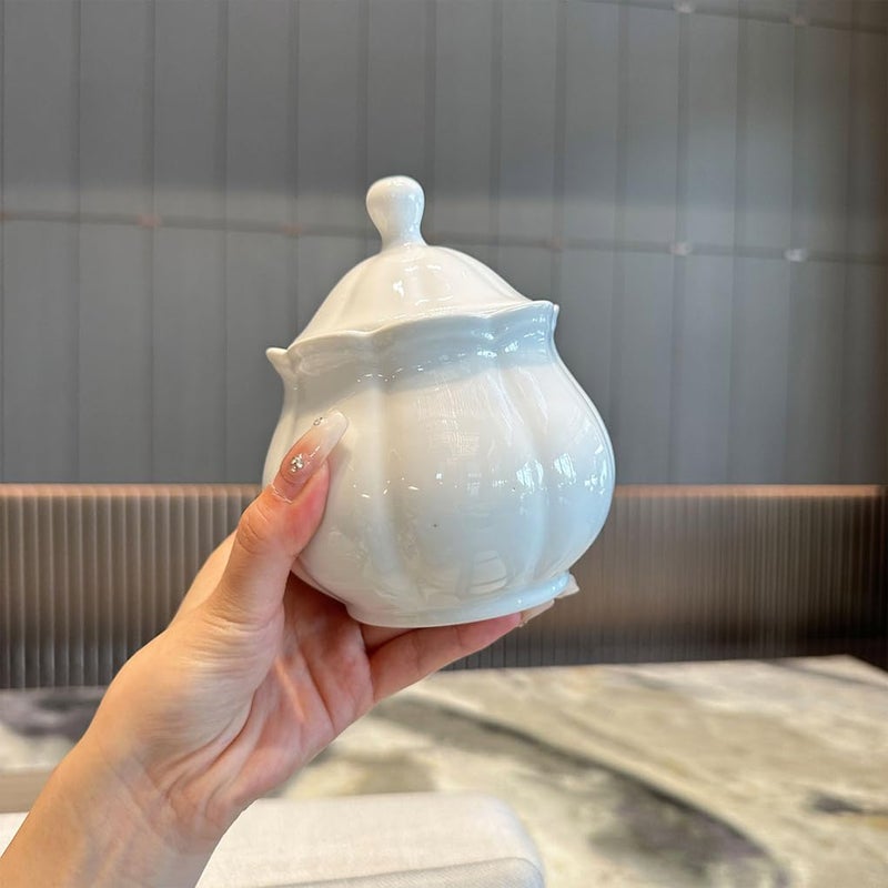 WAIT FLY Vintage Embossed Ceramic Sugar Bowl with Lid, Sugar Container, Sugar Jar for Kitchen Countertop, Coffee Bar-White-Sugar Bowl - Image 3