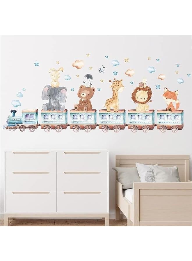 Wall Stickers for Baby Room Cartoon Animal Train Theme Decals Fox Lion Elephant Giraffe Wallpaper Wall Decals for Kids Room Boys Girls Bedroom, Nursery Room Kindergarten Decoration PVC Murals - Image 5