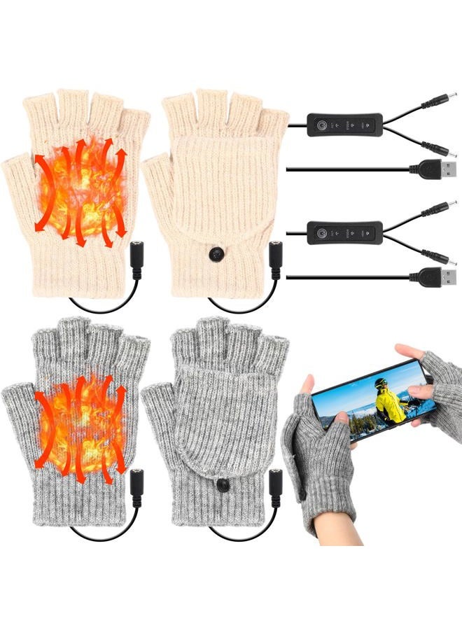 JaGely 2 Pairs USB Heated Gloves Winter Hand Warmer Gloves with 3 Temperature Adjustment Full & Half Hand Heated Fingerless Mittens Washable Women Men - Image 1