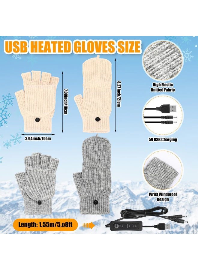 JaGely 2 Pairs USB Heated Gloves Winter Hand Warmer Gloves with 3 Temperature Adjustment Full & Half Hand Heated Fingerless Mittens Washable Women Men - Image 2