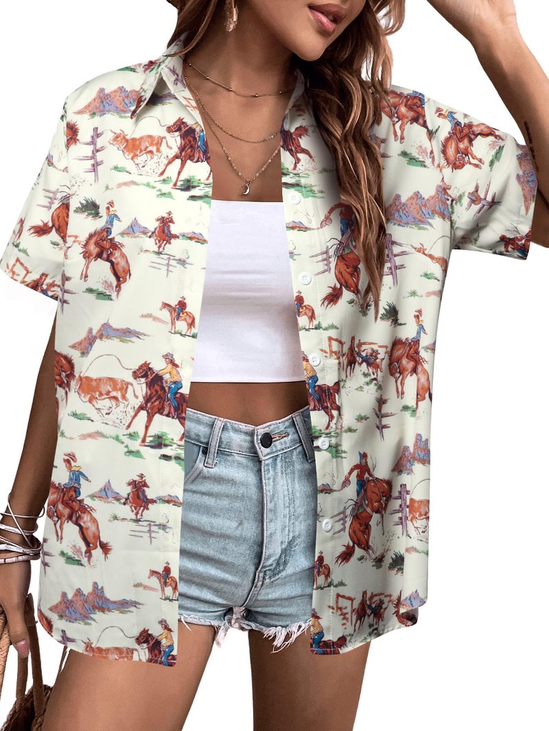 QLIPIN Western Button Up Shirts Women: Retro Cowgirl Shirt Rodeo Tops Hawaiian Summer Vacation Short Sleeve Top Blouses Apricot - Image 1