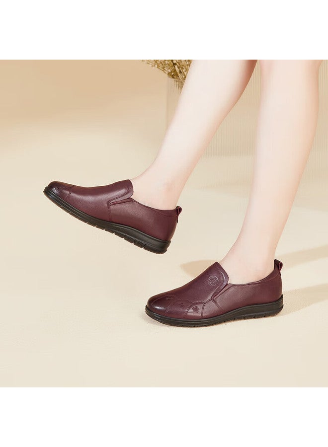 Connell Kangnai Women's Shoes, Middle-aged And Elderly Mom Shoes, Casual Slip-on Flat Shoes, Lightweight Soft Comfortable Genuine Leather Elderly Shoes, Wine Red, Size 35 - Image 1