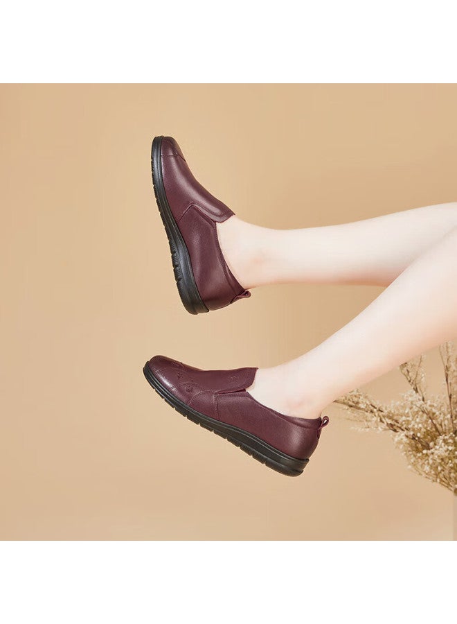 Connell Kangnai Women's Shoes, Middle-aged And Elderly Mom Shoes, Casual Slip-on Flat Shoes, Lightweight Soft Comfortable Genuine Leather Elderly Shoes, Wine Red, Size 35 - Image 2
