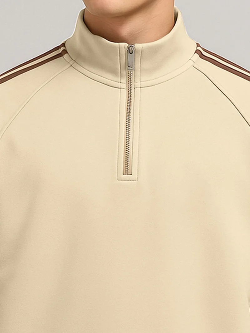 Maniac  Maniac Mens Tri-Color Tape High Neck Full Sleeve Biscuit & Brown Fleece Sweatshirt for Men | Best Price UAE