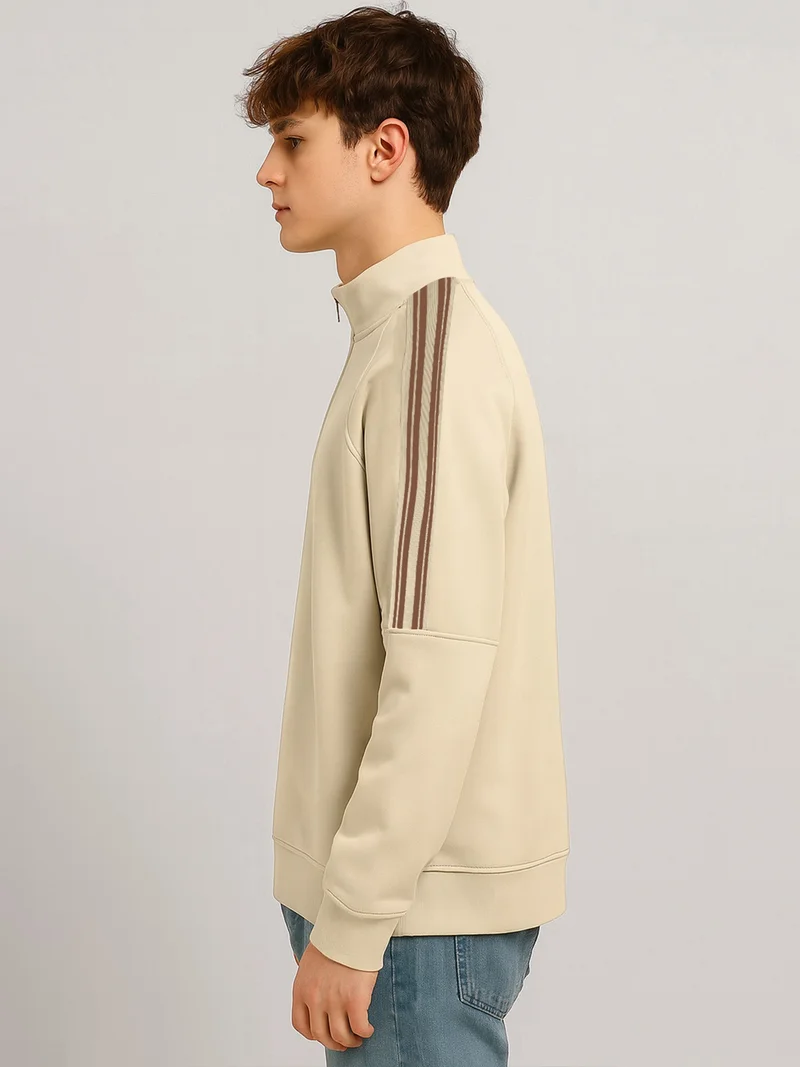 مانياك Maniac Mens Tri-Color Tape High Neck Full Sleeve Biscuit & Brown Fleece Sweatshirt