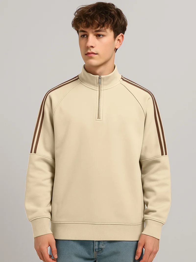 مانياك Maniac Mens Tri-Color Tape High Neck Full Sleeve Biscuit & Brown Fleece Sweatshirt