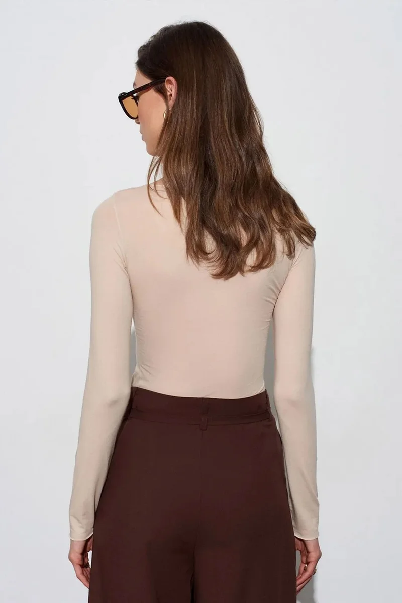 Dilvin Beige Natural DILVIN Slim Fit Boat Neck Long Sleeve Top for Women | Best Price UAE