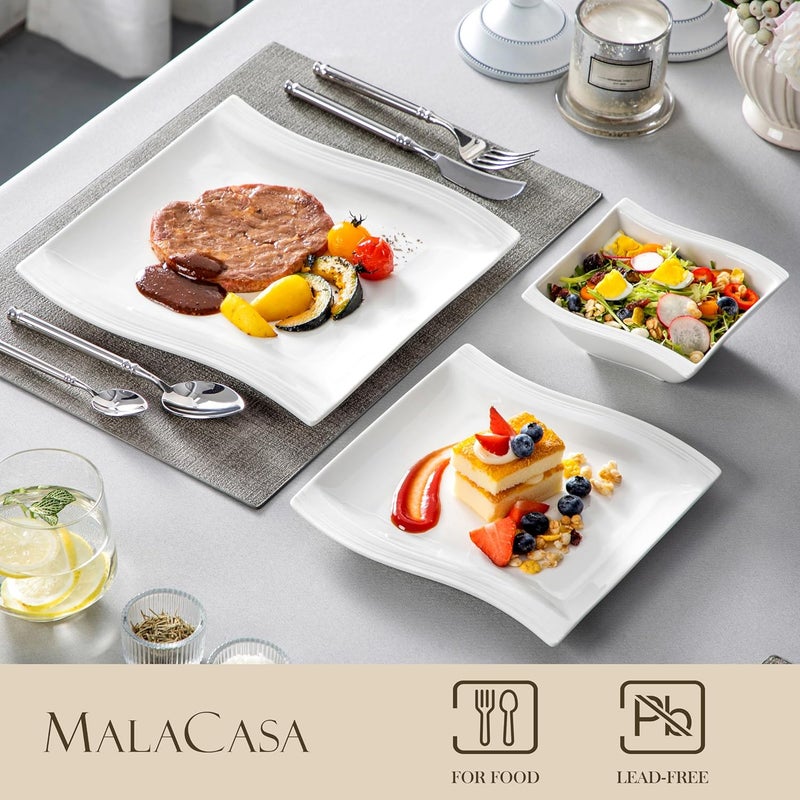 MALACASA أطقم أدوات المائدة البيضاء العاجية، 30 قطعة من الأطباق والأوعية الخزفية، مجموعة أطباق عصرية لـ 6 أشخاص، أطقم أدوات المائدة المربعة، آمنة للاستخدام في الميكروويف وغسالة الصحون، سلسلة فلورا - Image 3