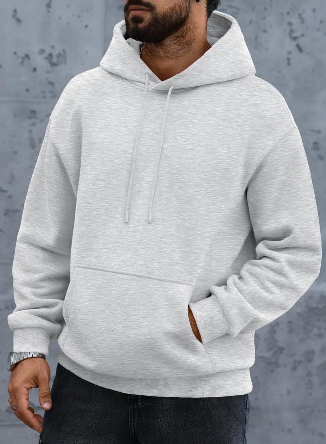 EFAN Mens Oversized Hoodies Cotton Collar Drawstring Hooded Sweatshirts Casual Fleece Pullover Collar Long Sleeve Shirts, Grey, XL - Image 3
