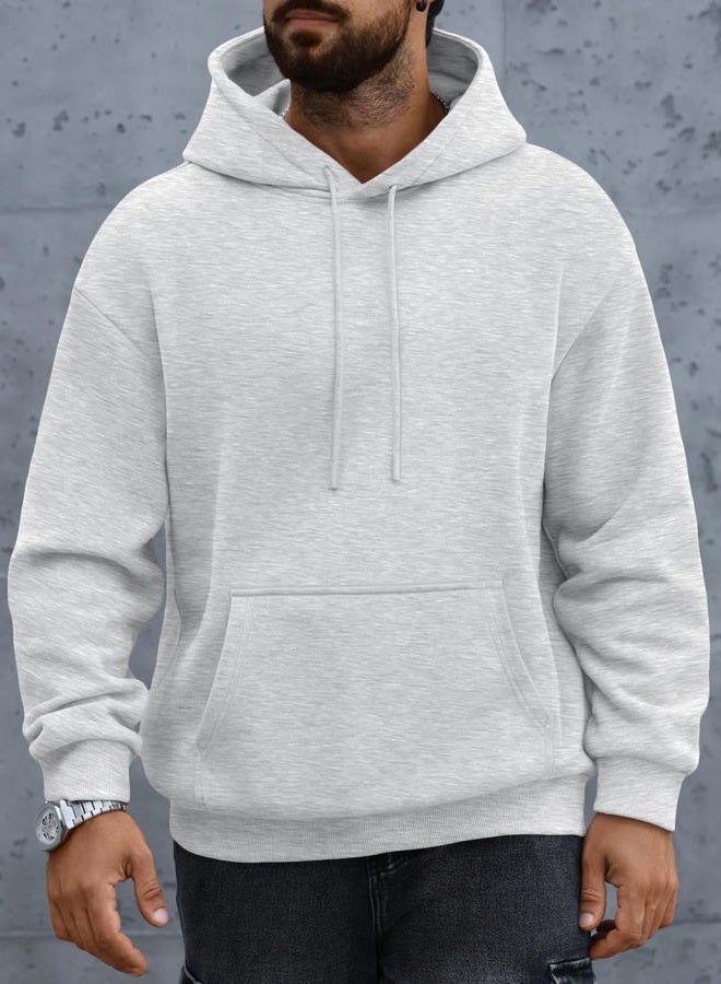 EFAN Mens Oversized Hoodies Cotton Collar Drawstring Hooded Sweatshirts Casual Fleece Pullover Collar Long Sleeve Shirts, Grey, XL - Image 2