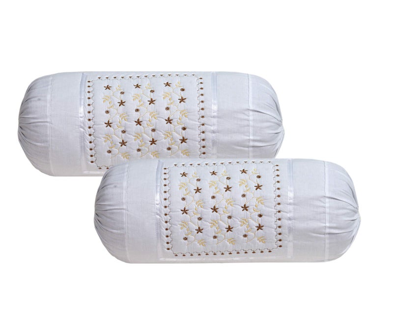 HSR Collection Embroidered 144 TC 100% Cotton 2 Piece Bolster Cover(Not Bolster), 16"x 32", White - Image 4