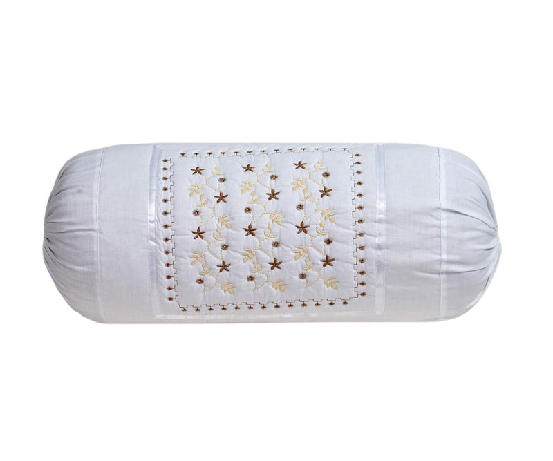 HSR Collection Embroidered 144 TC 100% Cotton 2 Piece Bolster Cover(Not Bolster), 16"x 32", White - Image 2