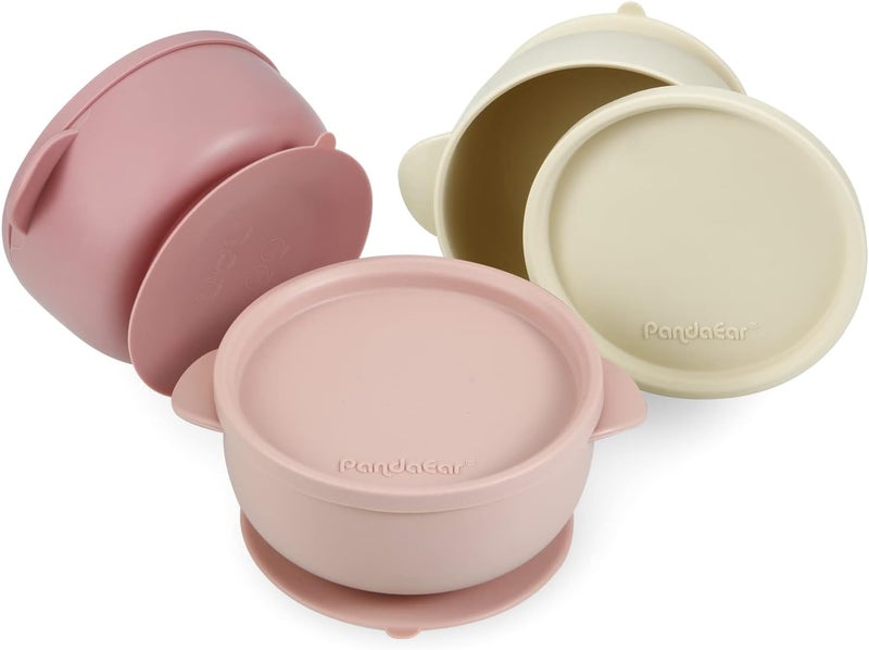 PandaEar 3 Pack Baby Bowls with Suction LeakProof Stay Put Silicone Food Bowl with Lids for Babies Kids Toddlers Infants Food Grade Soft Safe BPAFree Silicone Pink Rose Linen - Image 1
