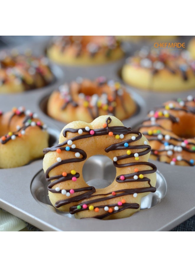 شيف ميد قالب دونات 12 كوب غير لاصق خبز دونات متساوية الحجم بسهولة – توزيع حرارة متساوٍ، متين وسهل التنظيف للاستخدام المنزلي والمخابز - Image 4