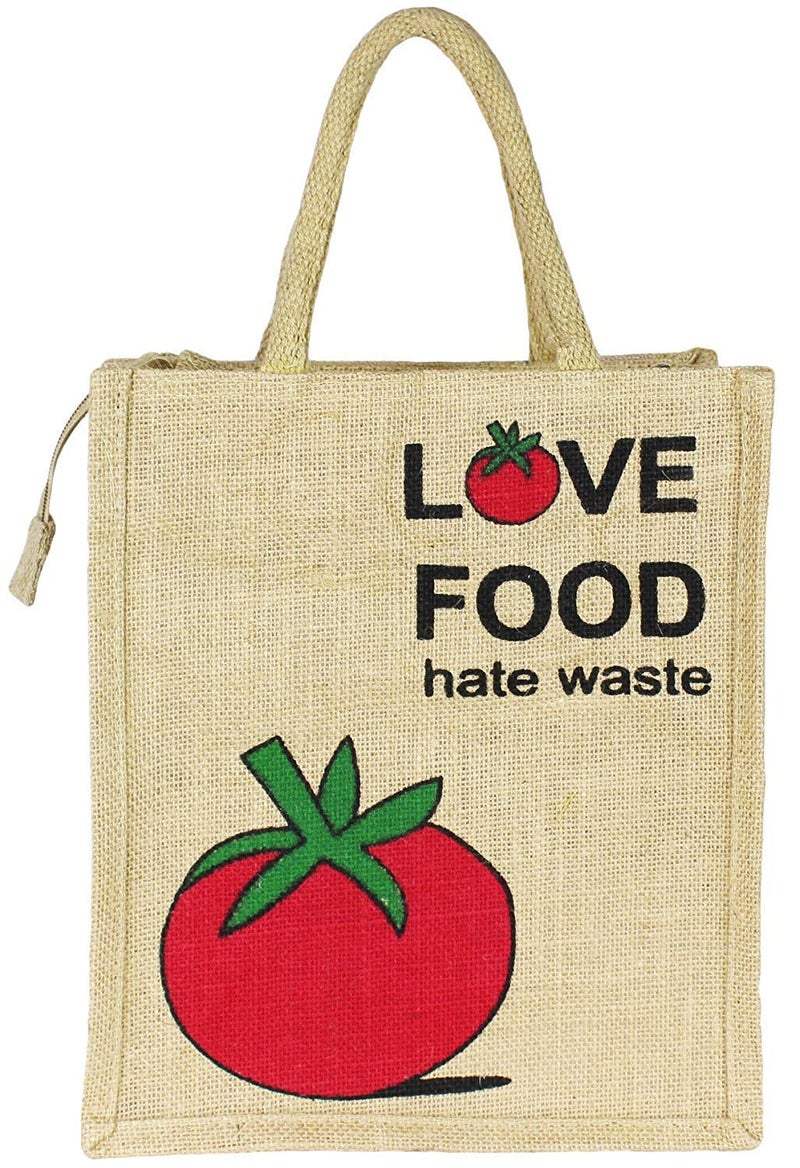 Sangra Eco-Friendly Unisex Stylish Love Food Printed Jute Tote Lunch Bag with Zipper - Image 1