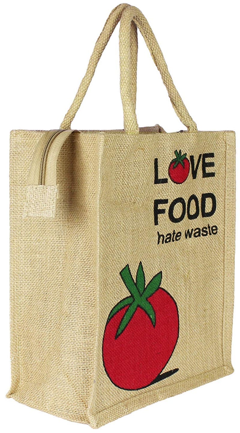 Sangra Eco-Friendly Unisex Stylish Love Food Printed Jute Tote Lunch Bag with Zipper - Image 2