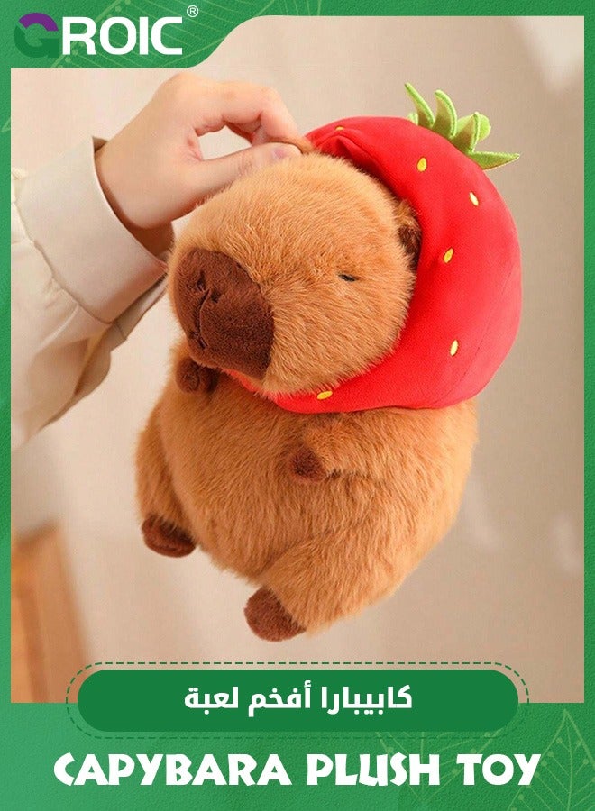 GROIC Cute Capybara Plush Wear Strawberry Hat,25cm Kawaii Capybara Stuffed Animal Soft Doll Capybara Toys, Strawberry Capybara Toy Hugging Gifts for Kids - Image 3